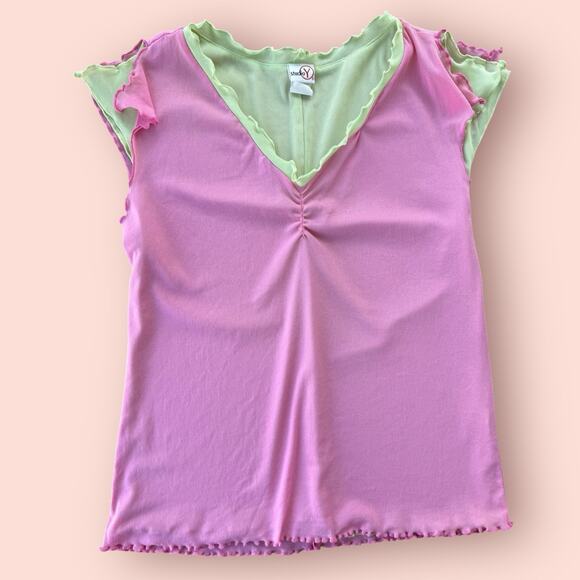 Y2K 2000 Babydoll Top 1X Sheer Fairy V-Neck Coquette Pink Green Layering Ruffle - Picture 1 of 4